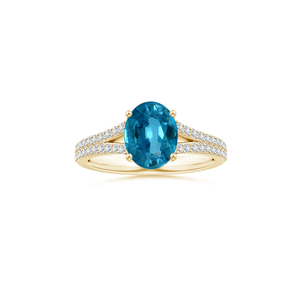 Custom Oval Blue Zircon Prong-Set Solitaire Ring with Diamond Studded Shank