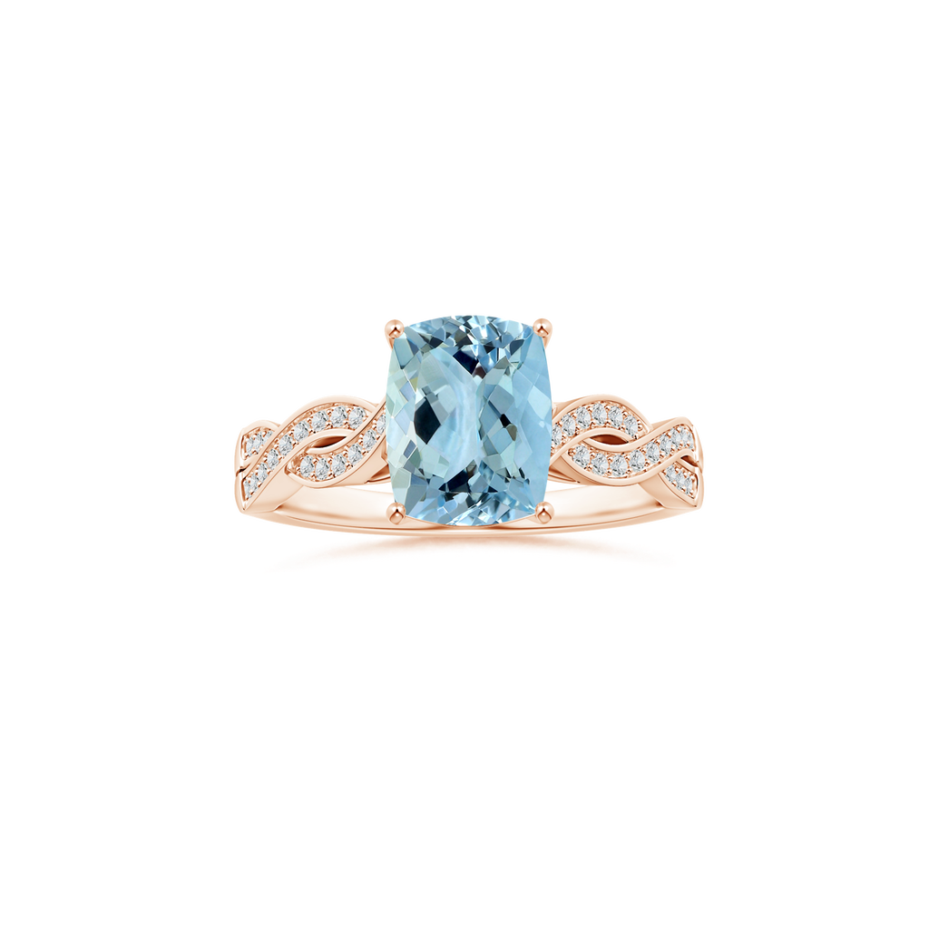 Custom Cushion Rectangular Aquamarine Prong-Set Solitaire Ring with Diamond Studded Shank
