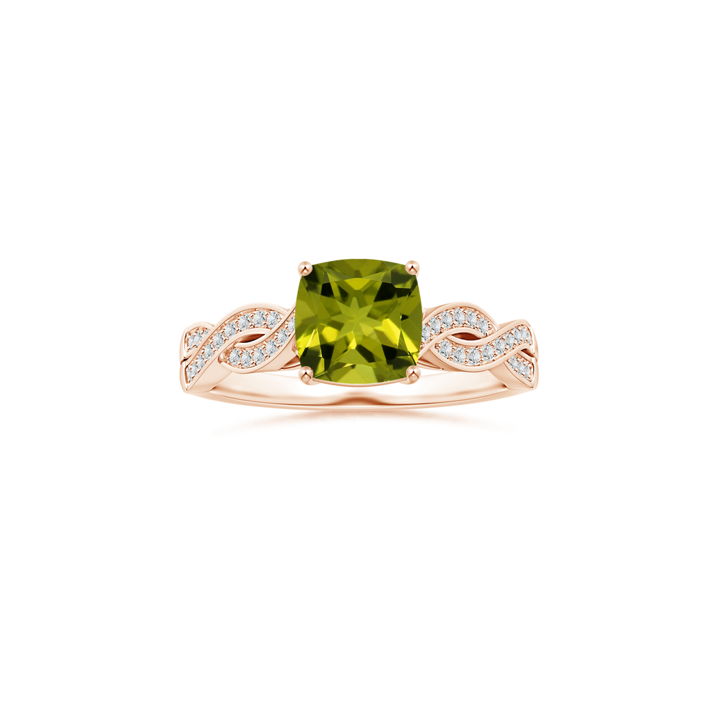 Custom GIA Certified Cushion Peridot Prong-Set Solitaire Ring with Diamond Studded Shank
