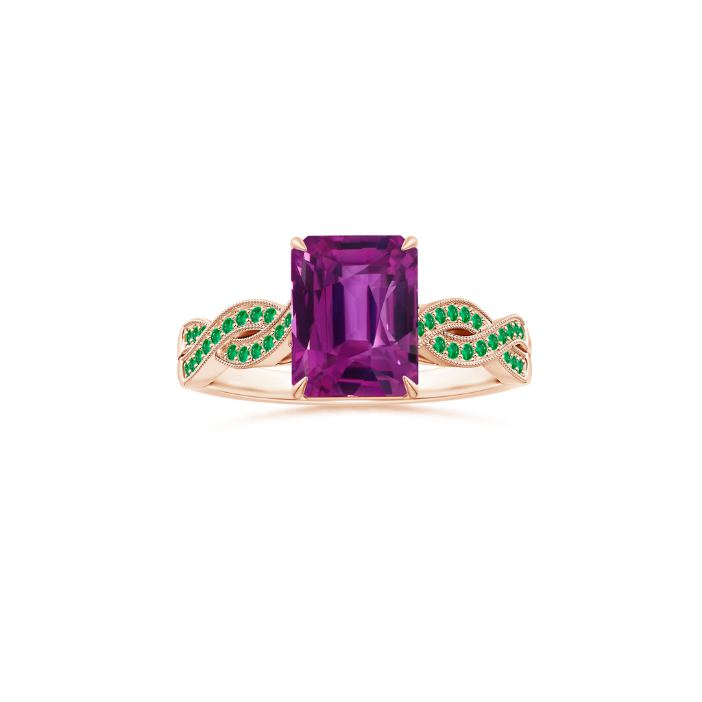 Custom GIA Certified Emerald cut Pink Sapphire Claw-Set Solitaire Ring with Emerald Studded Shank