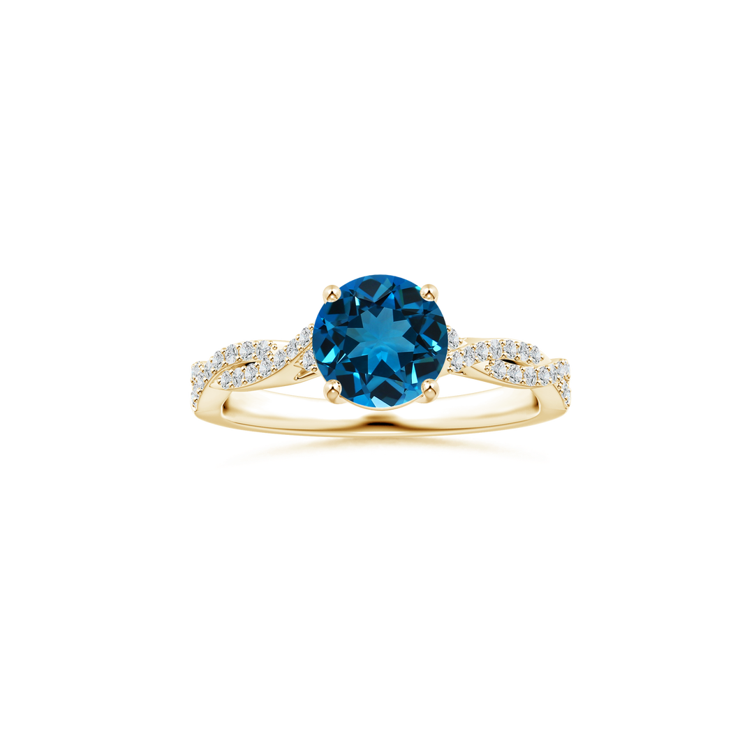 Custom Round London Blue Topaz Prong-Set Solitaire Ring with Diamond Studded Shank