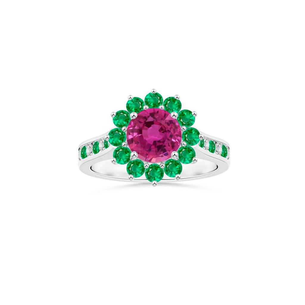 Custom Round Pink Sapphire Diana Halo Ring with Diamond and Emerald Studded Shank