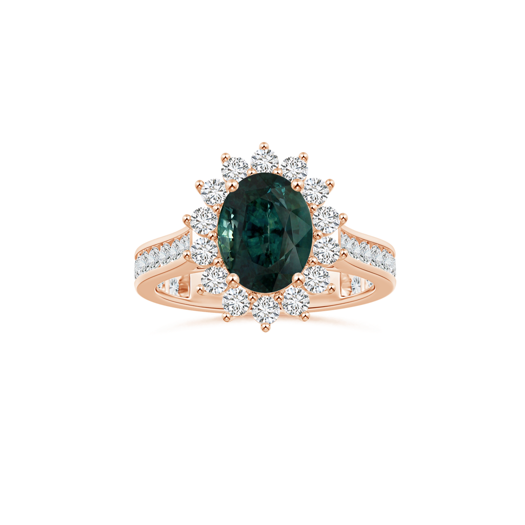 Custom Oval Teal Montana Sapphire Diana Halo Ring with Diamond Studded Shank