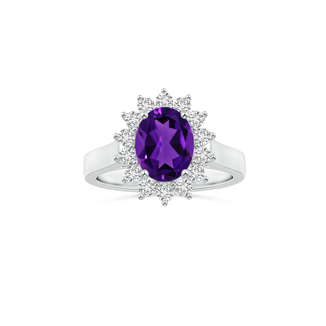 Custom GIA Certified Oval Amethyst Diana Halo Ring