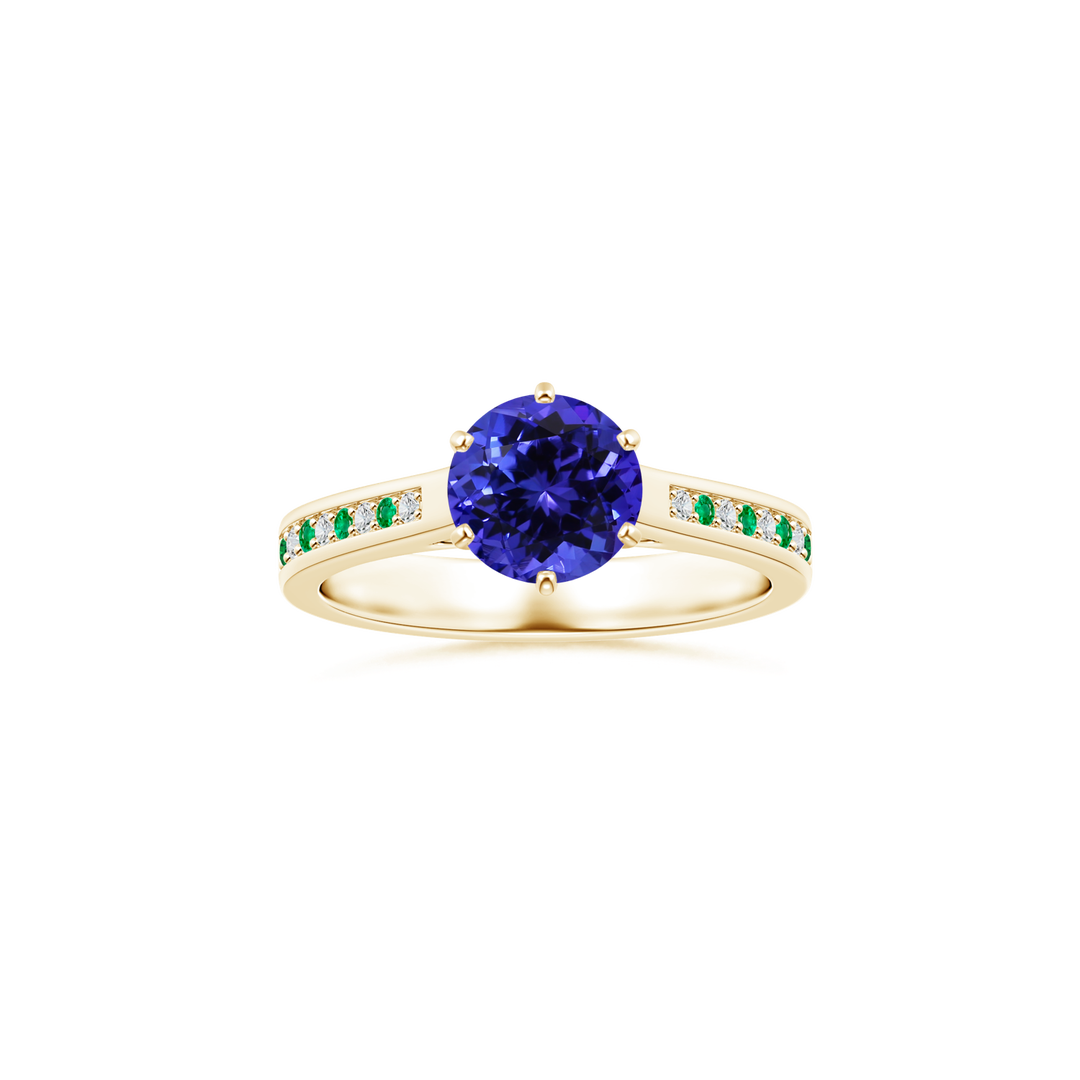 Custom GIA Certified Round Tanzanite Peg-Set Solitaire Ring with Diamond and Emerald Studded Shank