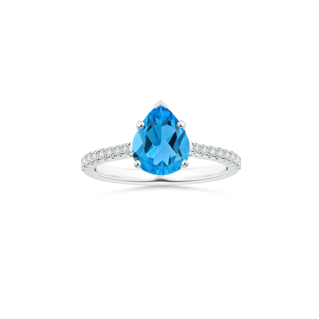 Custom Pear Swiss Blue Topaz Peg-Set Solitaire Ring with Diamond Studded Shank