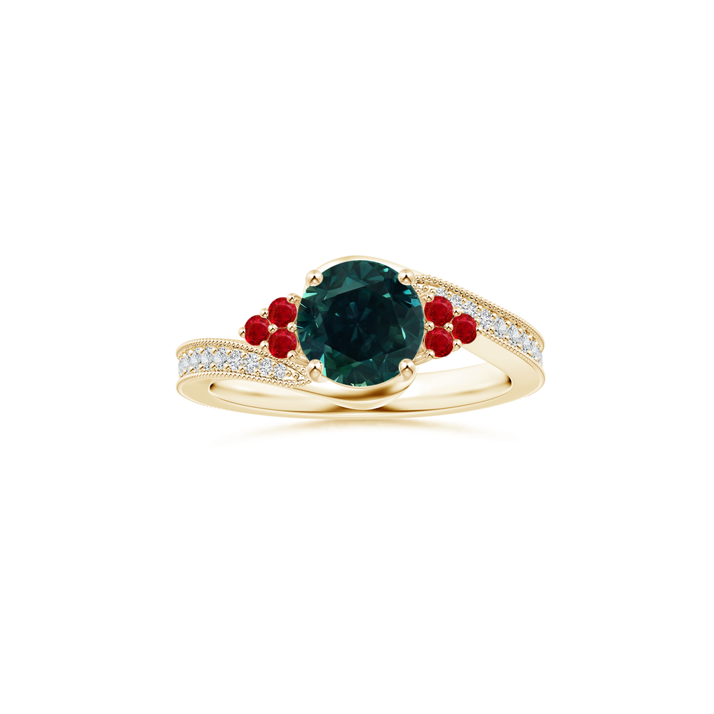 Custom Round Teal Montana Sapphire Side Stone Ring with Diamond Studded Shank