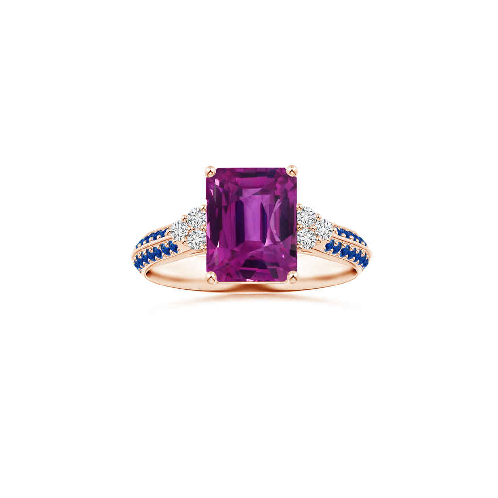 Custom GIA Certified Emerald cut Pink Sapphire Side Stone Ring with Blue Sapphire Studded Shank