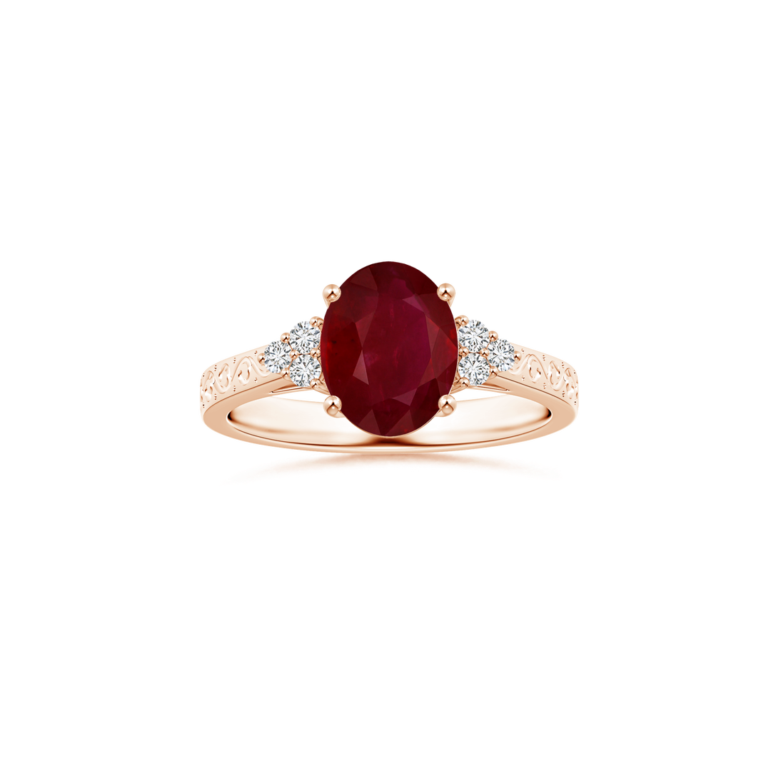 Custom Oval Ruby Side Stone Ring with Scrollwork