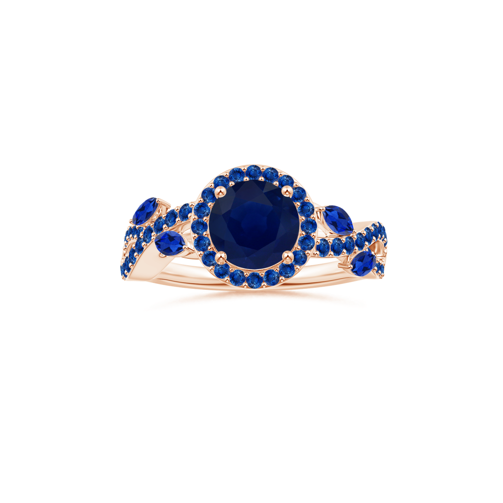 Custom Round Blue Sapphire Halo Ring with Blue Sapphire Studded Shank