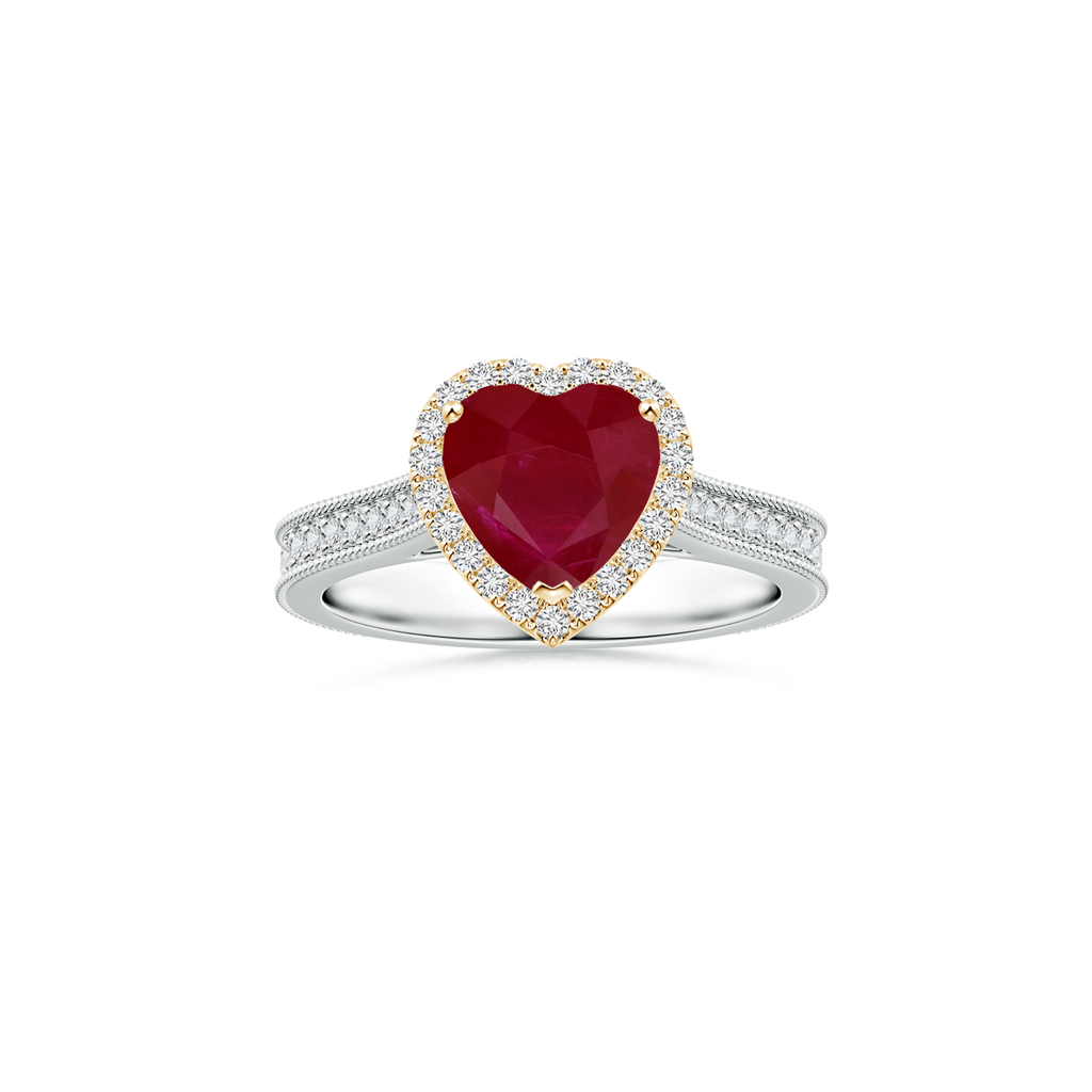 Custom Heart Ruby Halo Ring with Diamond Studded Shank