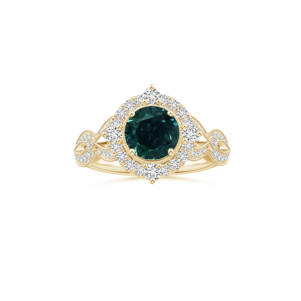 Custom Round Teal Montana Sapphire Vintage Inspired Ring with Diamond Studded Shank