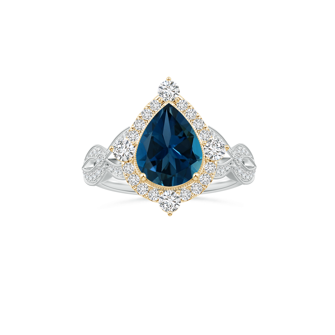 Custom Pear London Blue Topaz Vintage Inspired Ring with Diamond Studded Shank