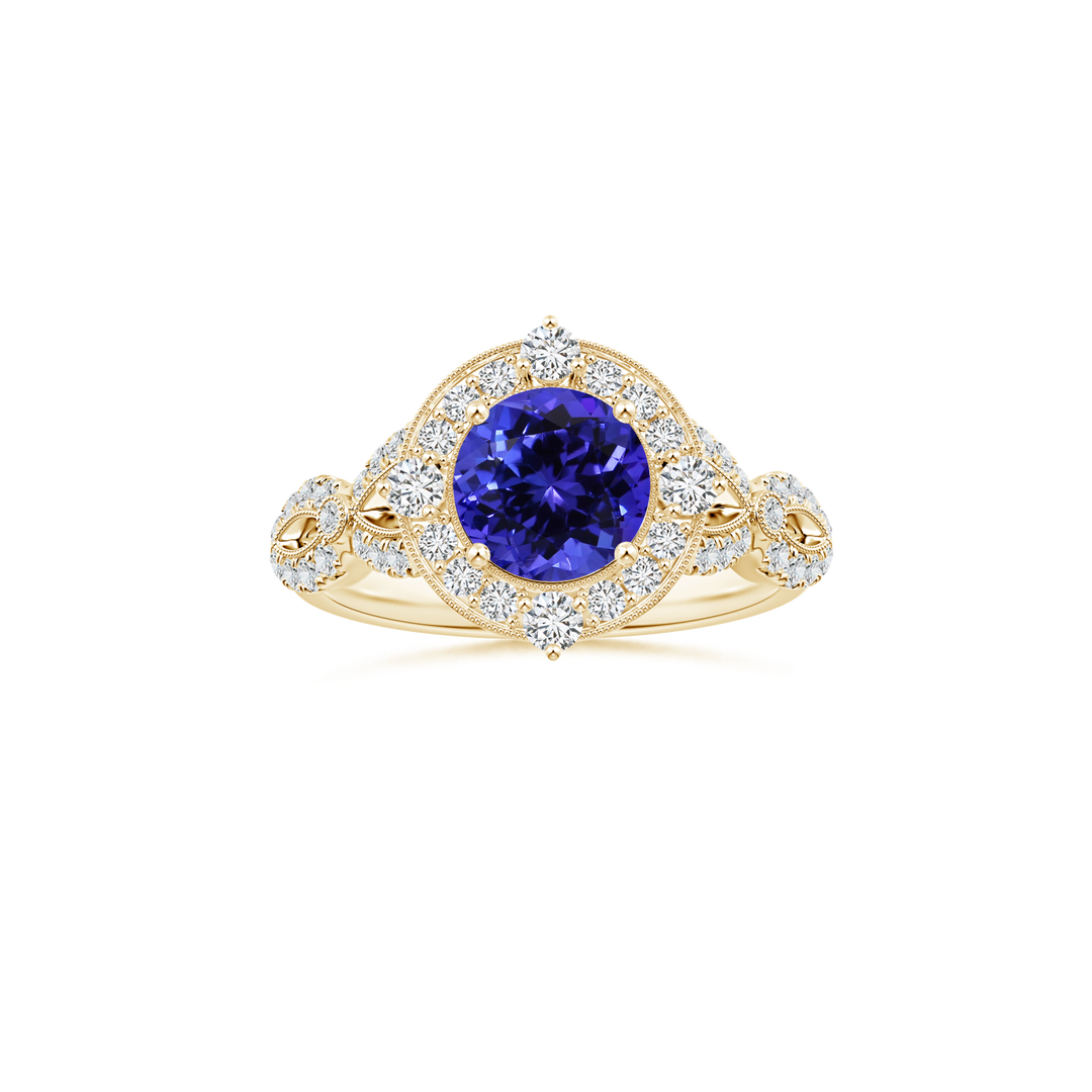 Custom GIA Certified Round Tanzanite Vintage Inspired Ring with Diamond Studded Shank
