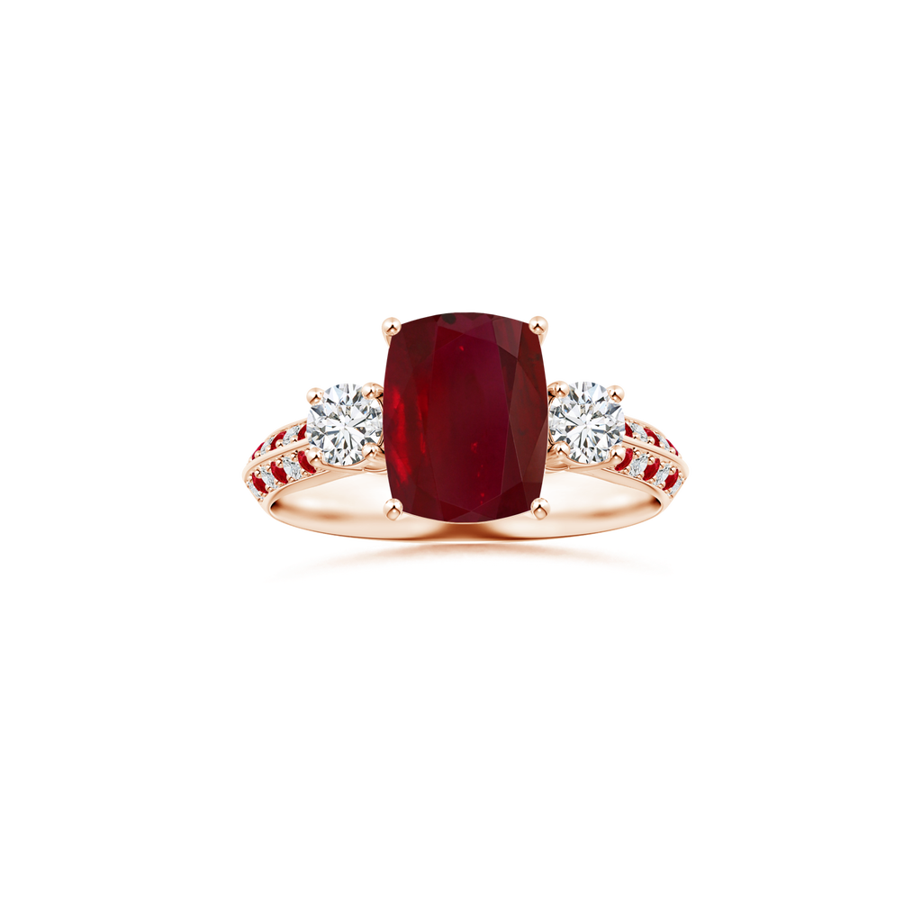 Custom Cushion Rectangular Ruby Three Stone Ring with Diamond and Ruby Studded Shank