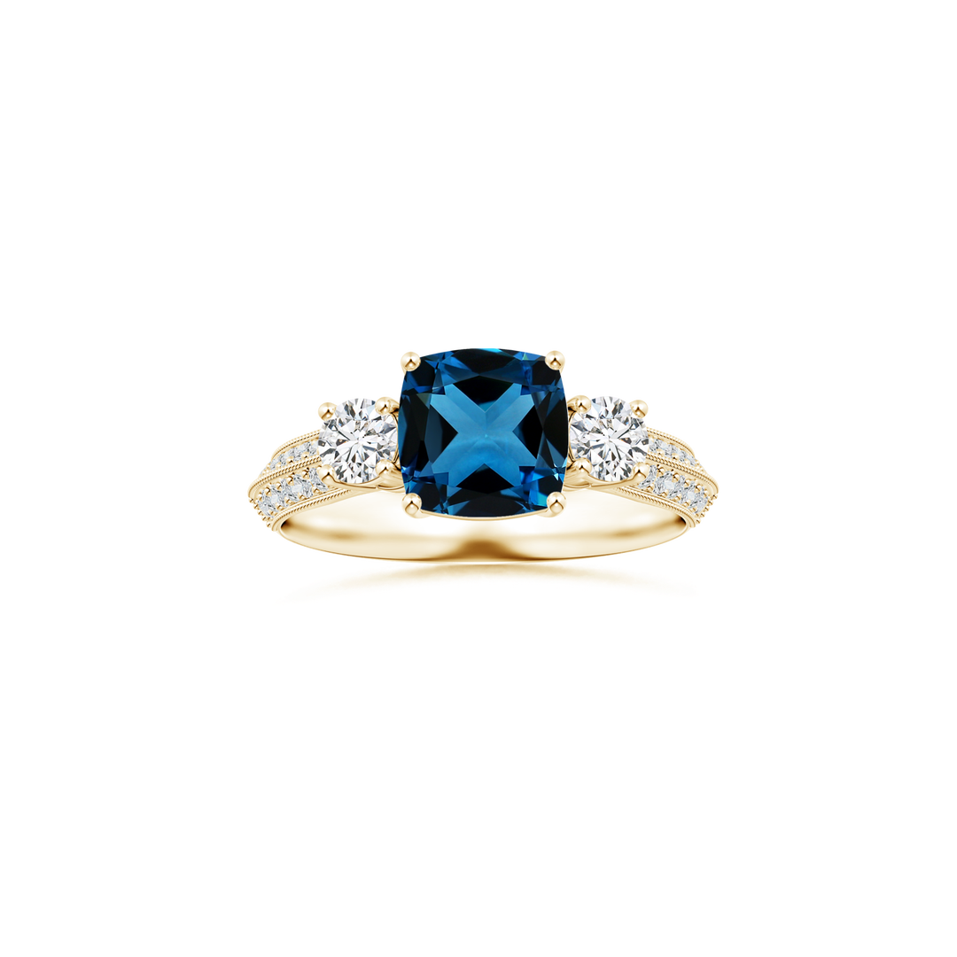 Custom Cushion London Blue Topaz Three Stone Ring with Diamond Studded Shank