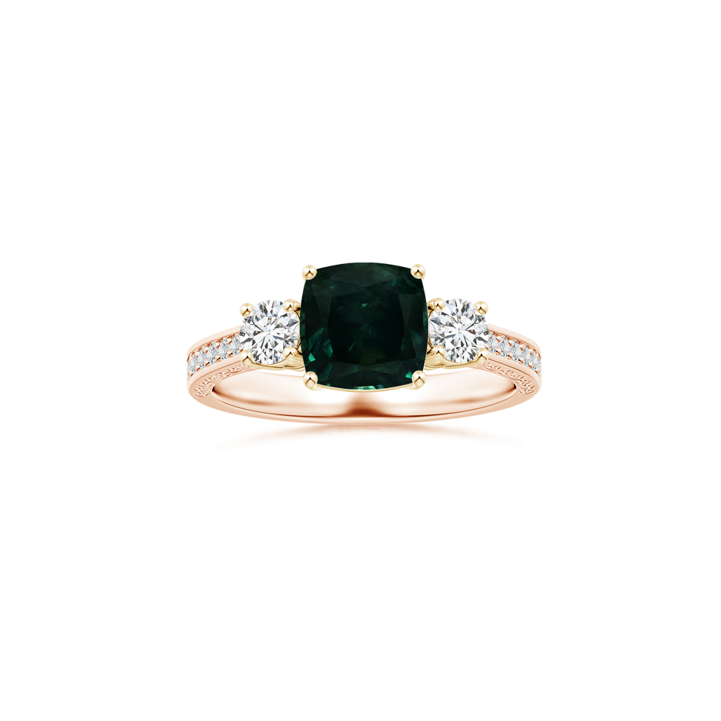 Custom GIA Certified Cushion Teal Montana Sapphire Three Stone Ring with Diamond Studded Shank