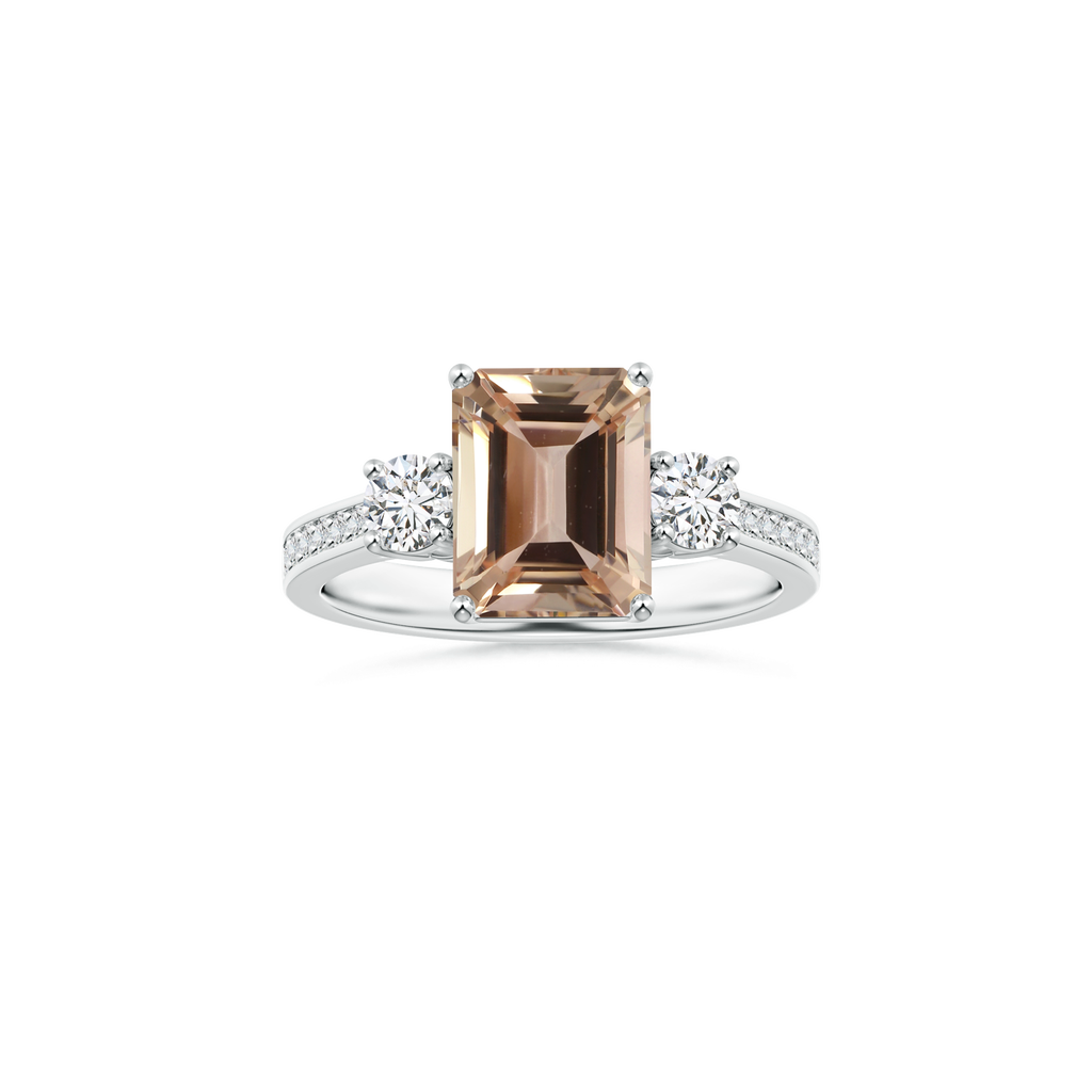 Custom GIA Certified Emerald cut Morganite Three Stone Ring with Diamond Studded Shank