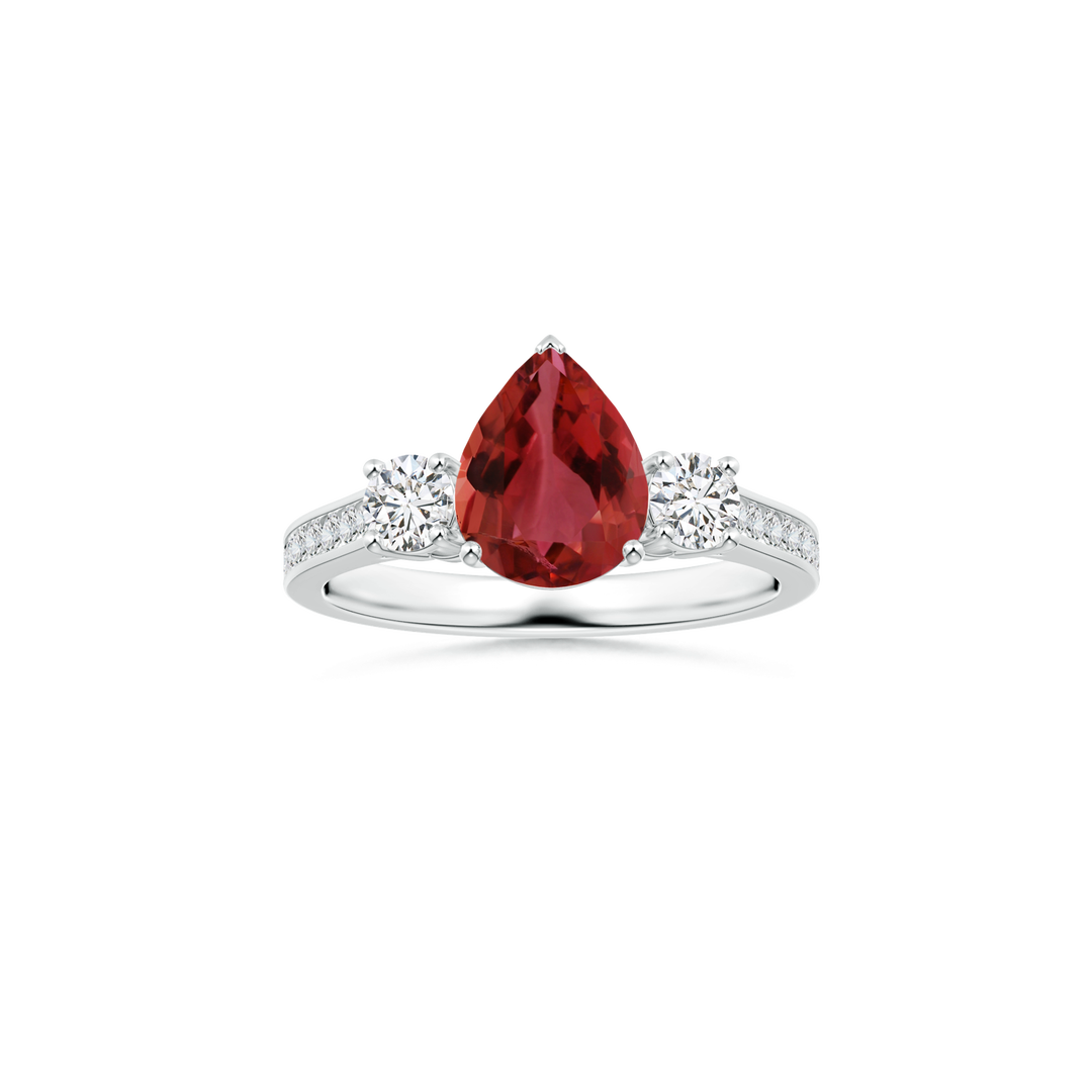 Custom GIA Certified Pear Pink Tourmaline Three Stone Ring with Diamond Studded Shank