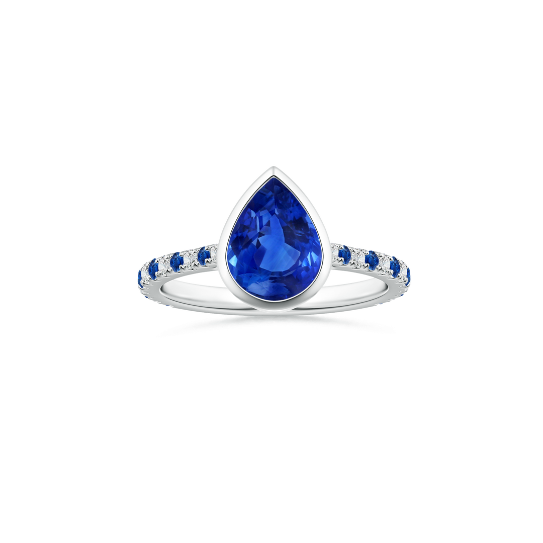 Custom GIA Certified Pear Blue Sapphire Bezel Solitaire Ring with Diamond and Sapphire Studded Shank