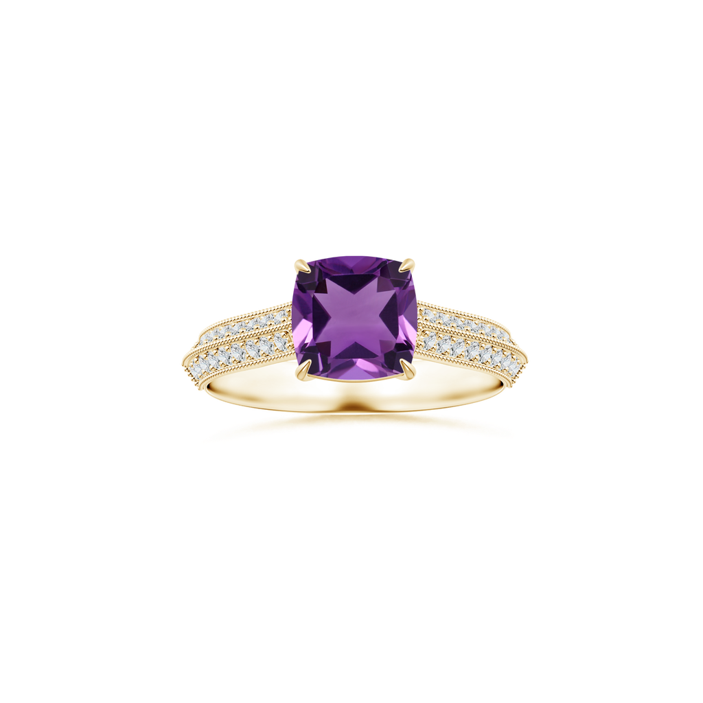 Custom Cushion Amethyst Claw-Set Solitaire Ring with Diamond Studded Shank