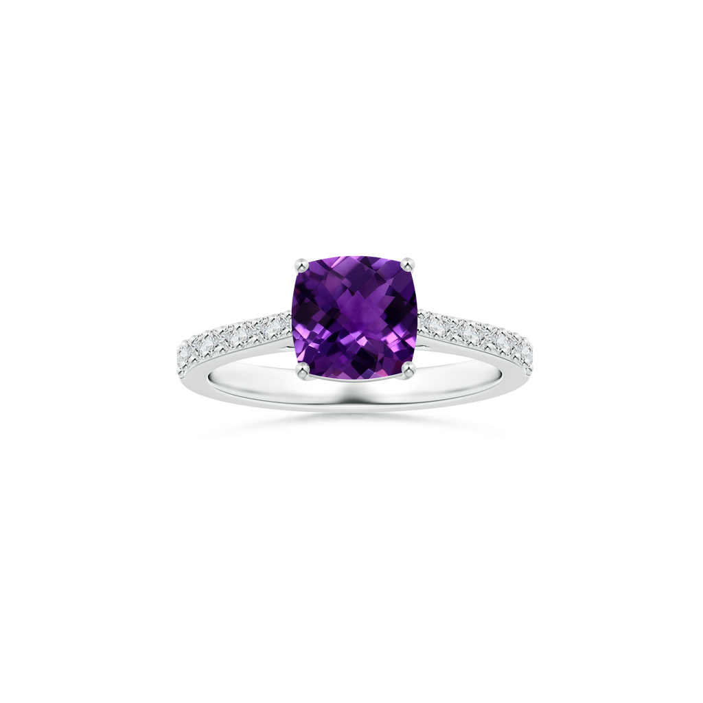 Custom Cushion Amethyst Prong-Set Solitaire Ring with Diamond Studded Shank