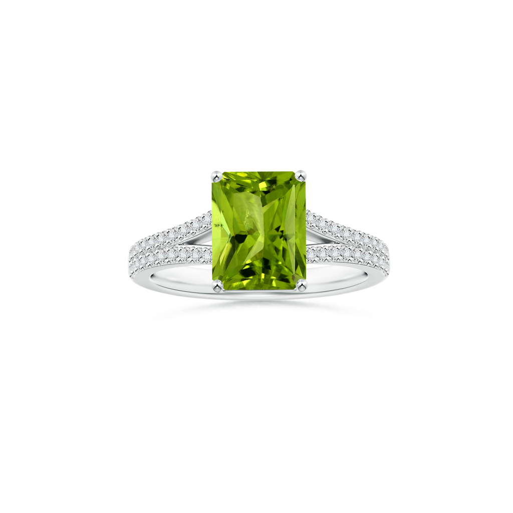Custom Emerald cut Peridot Prong-Set Solitaire Ring with Diamond Studded Shank
