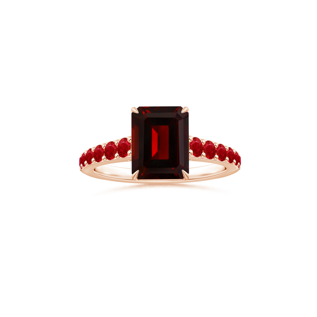 Custom GIA Certified Emerald cut Garnet Claw-Set Solitaire Ring with Ruby Studded Shank