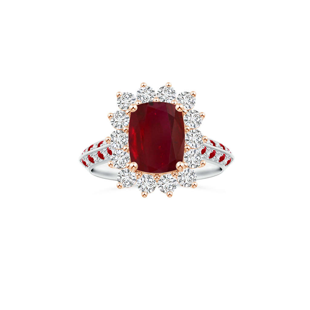 Custom Cushion Rectangular Ruby Diana Halo Ring with Diamond and Ruby Studded Shank