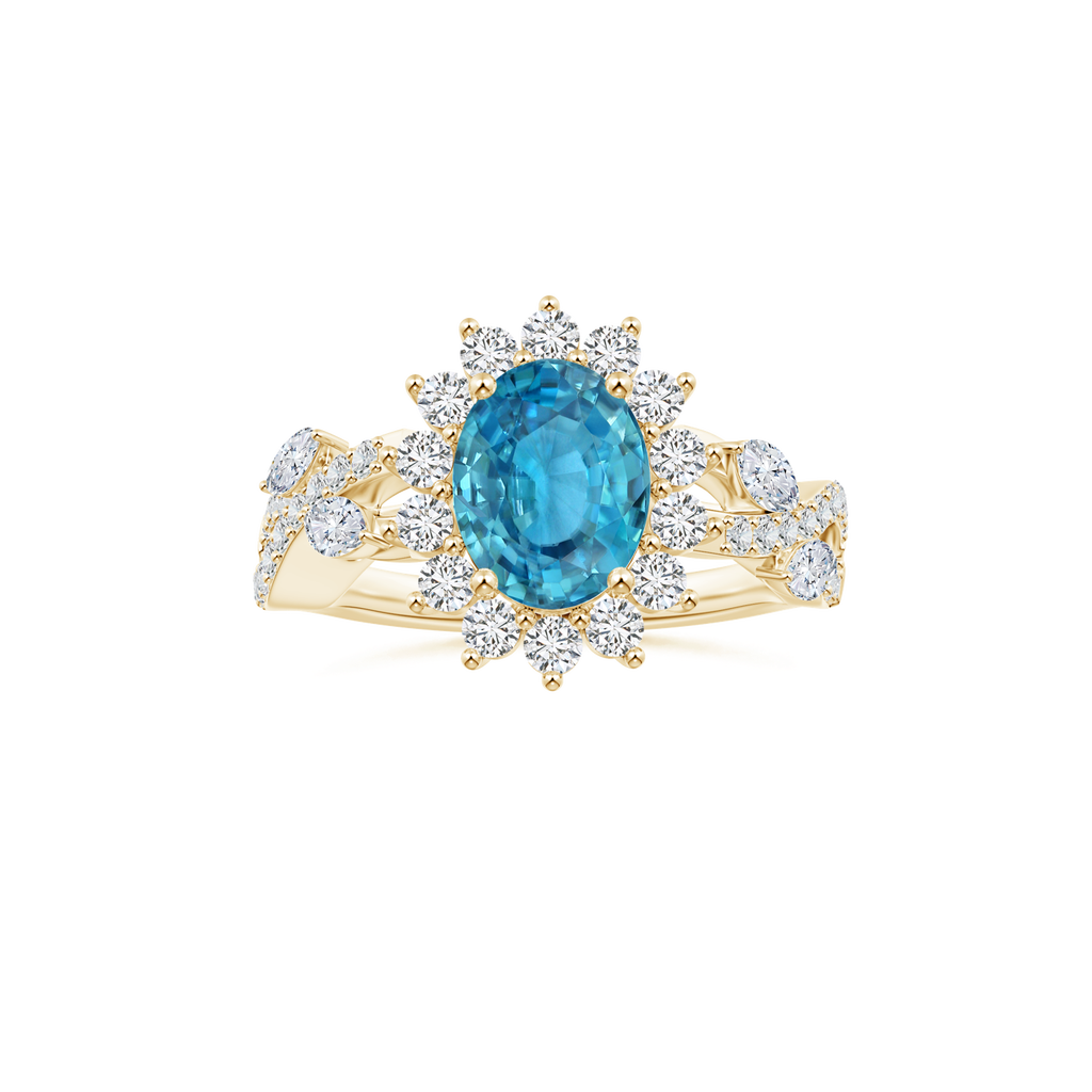 Custom GIA Certified Oval Blue Zircon Diana Halo Ring with Diamond Studded Shank