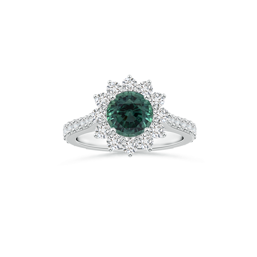 Custom GIA Certified Round Teal Montana Sapphire Diana Halo Ring with Diamond Studded Shank