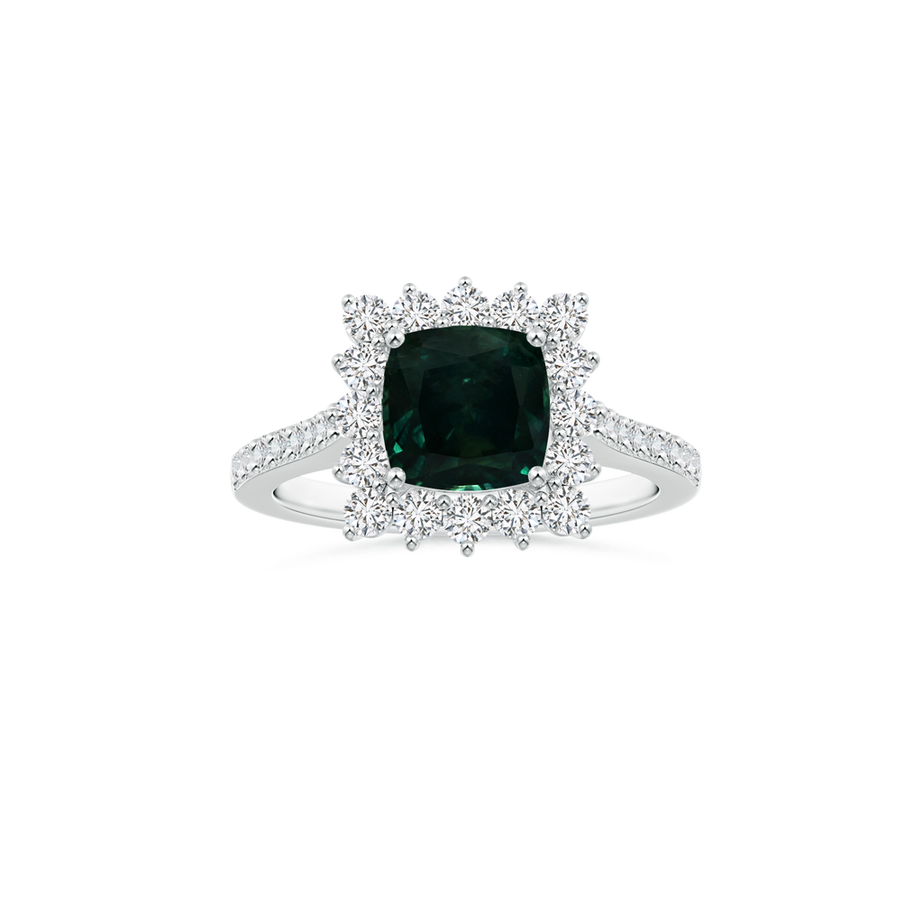 Custom GIA Certified Cushion Teal Montana Sapphire Diana Halo Ring with Diamond Studded Shank