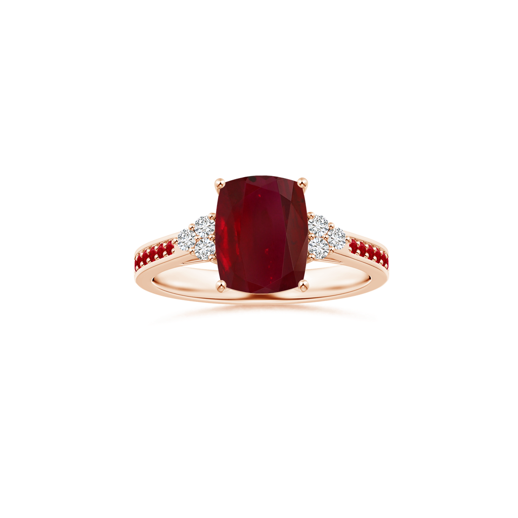 Custom Cushion Rectangular Ruby Side Stone Ring with Ruby Studded Shank