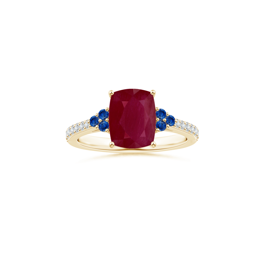 Custom Cushion Rectangular Ruby Side Stone Ring with Diamond Studded Shank