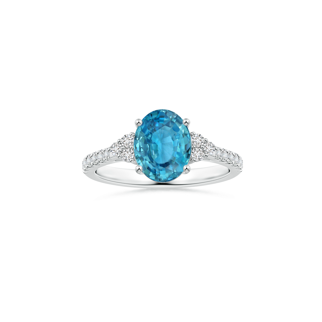 Custom GIA Certified Oval Blue Zircon Side Stone Ring with Diamond Studded Shank