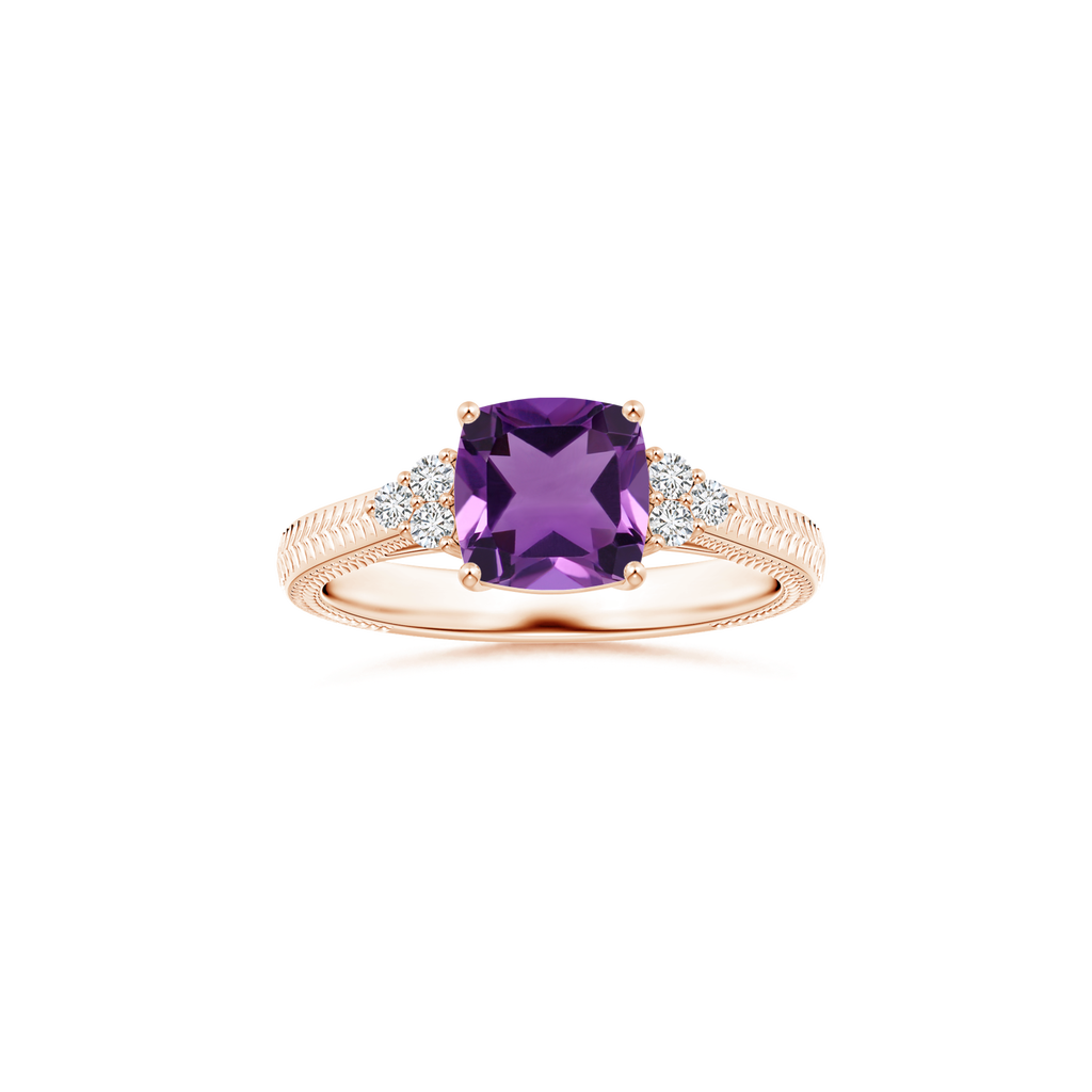 Custom Cushion Amethyst Side Stone Ring with Feather Details and Leaf Details