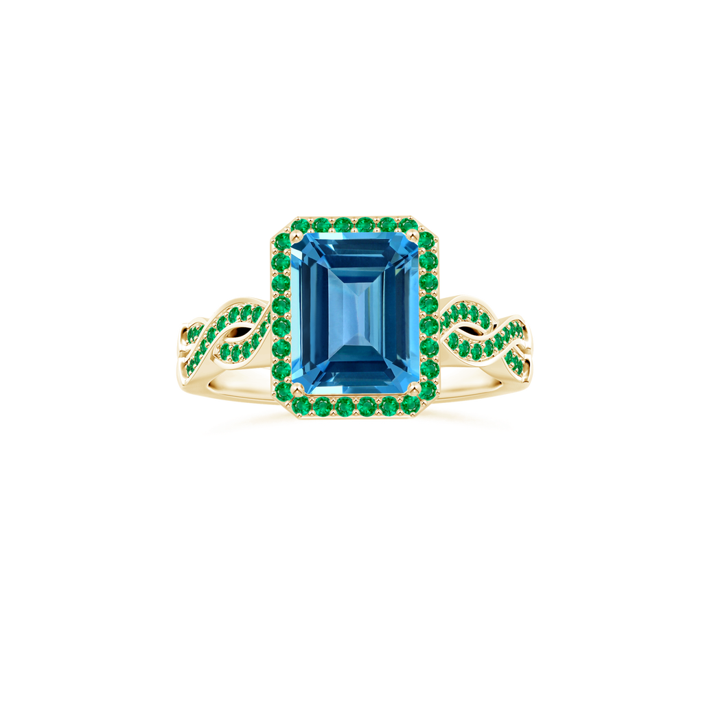 Custom Emerald cut Swiss Blue Topaz Halo Ring with Emerald Studded Shank