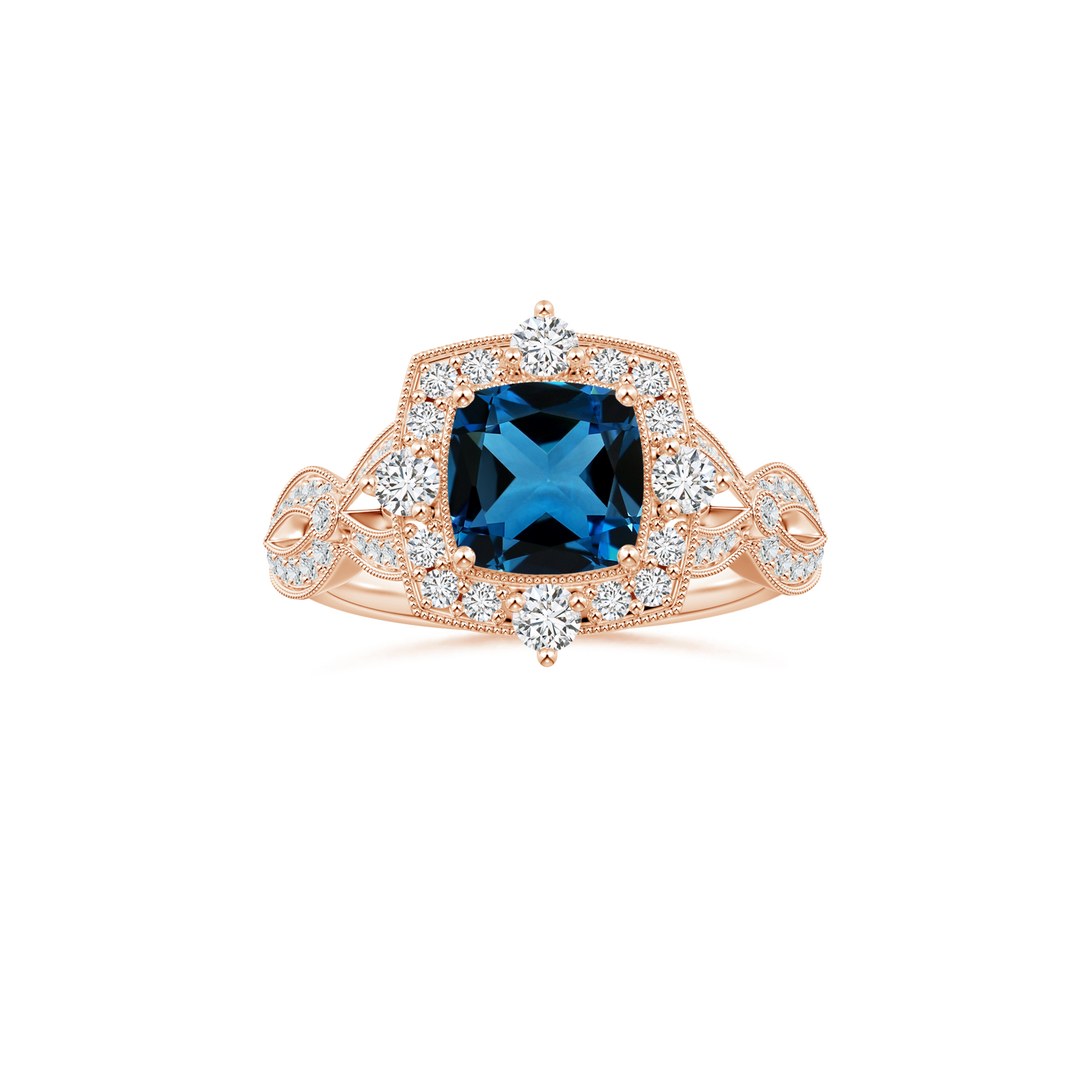 Custom Cushion London Blue Topaz Vintage Inspired Ring with Diamond Studded Shank