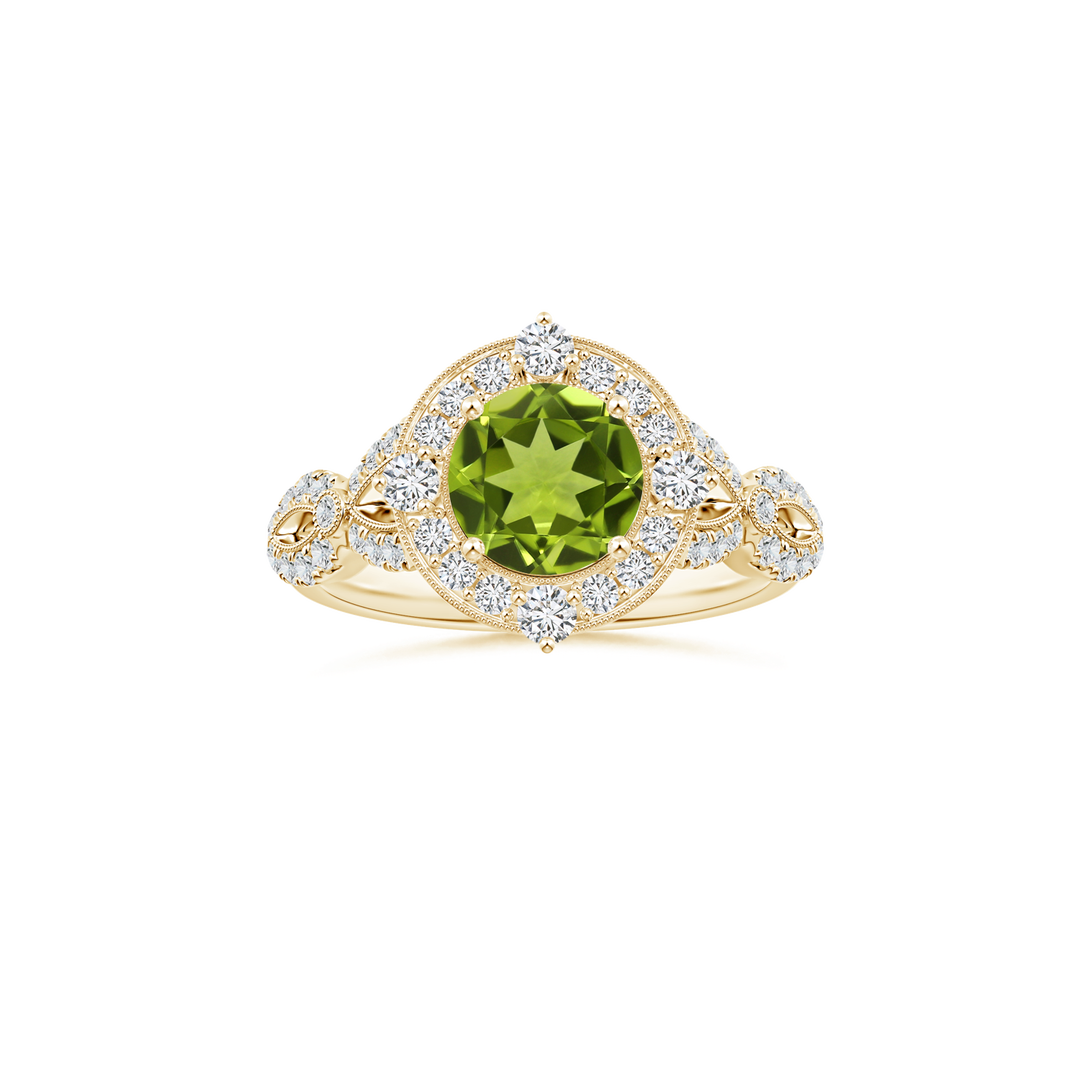 Custom GIA Certified Round Peridot Vintage Inspired Ring with Diamond Studded Shank