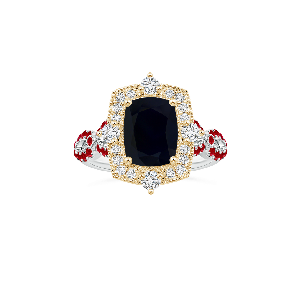 Custom Cushion Rectangular Blue Sapphire Vintage Inspired Ring with Ruby Studded Shank