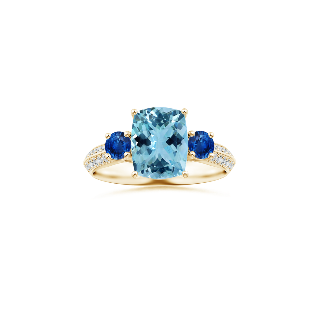 Custom GIA Certified Cushion Rectangular Aquamarine Three Stone Ring with Diamond Studded Shank
