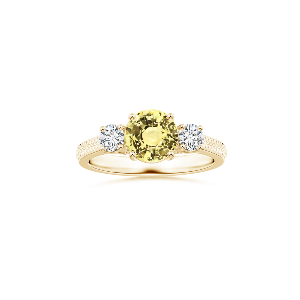 Custom GIA Certified Round Yellow Sapphire Three Stone Ring with Feather Details