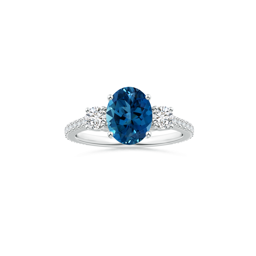Custom Oval London Blue Topaz Three Stone Ring with Diamond Studded Shank