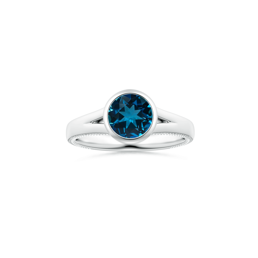 Custom Round London Blue Topaz Bezel Solitaire Ring with Leaf Details