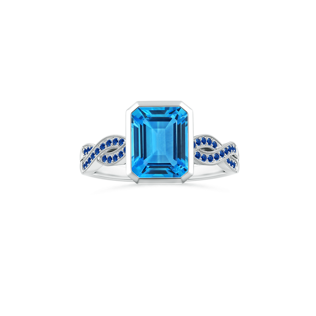 Custom Emerald cut Swiss Blue Topaz Bezel Solitaire Ring with Blue Sapphire Studded Shank
