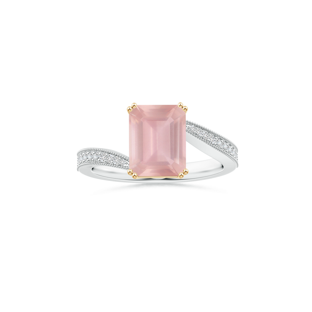 Custom Emerald cut Rose Quartz Double Prong-Set Solitaire Ring with Diamond Studded Shank