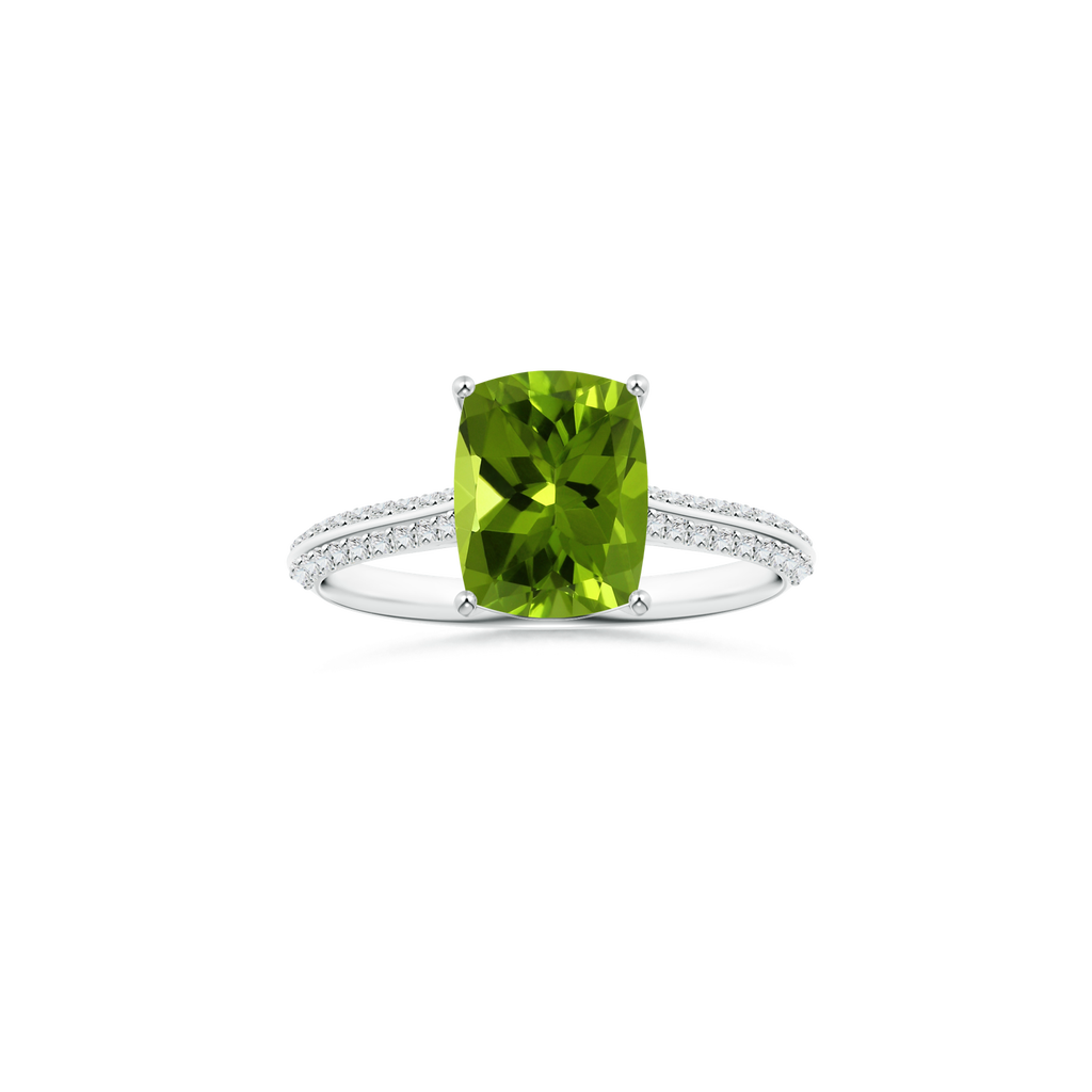 Custom GIA Certified Cushion Rectangular Peridot Prong-Set Solitaire Ring with Diamond Studded Shank