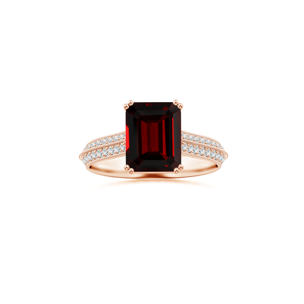 Custom Emerald cut Garnet Double Prong-Set Solitaire Ring with Diamond Studded Shank