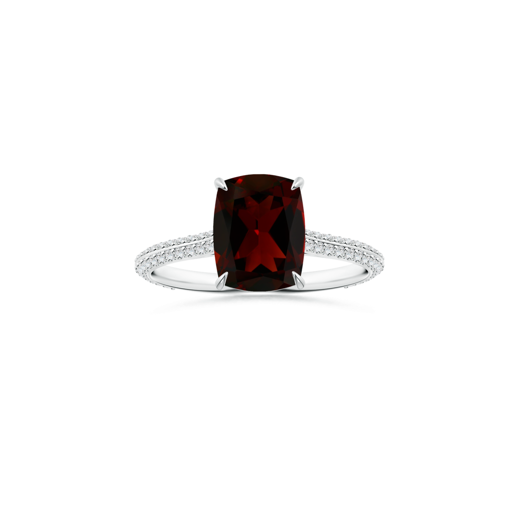 Custom GIA Certified Cushion Rectangular Garnet Claw-Set Solitaire Ring with Diamond Studded Shank