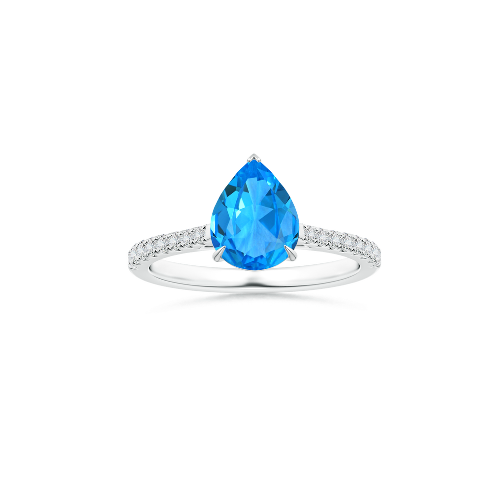 Custom Pear Swiss Blue Topaz Claw-Set Solitaire Ring with Diamond Studded Shank